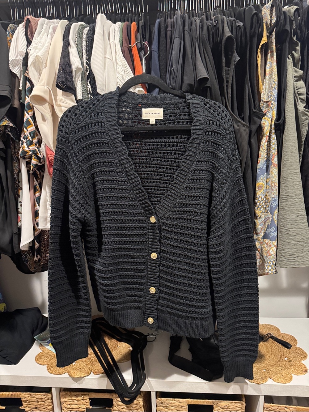 Lucky Brand Black Crochet Button-Front Cardigan